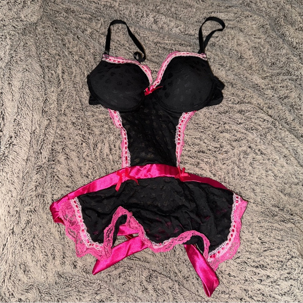 French Maid style tie back lingerie babydoll Underwire